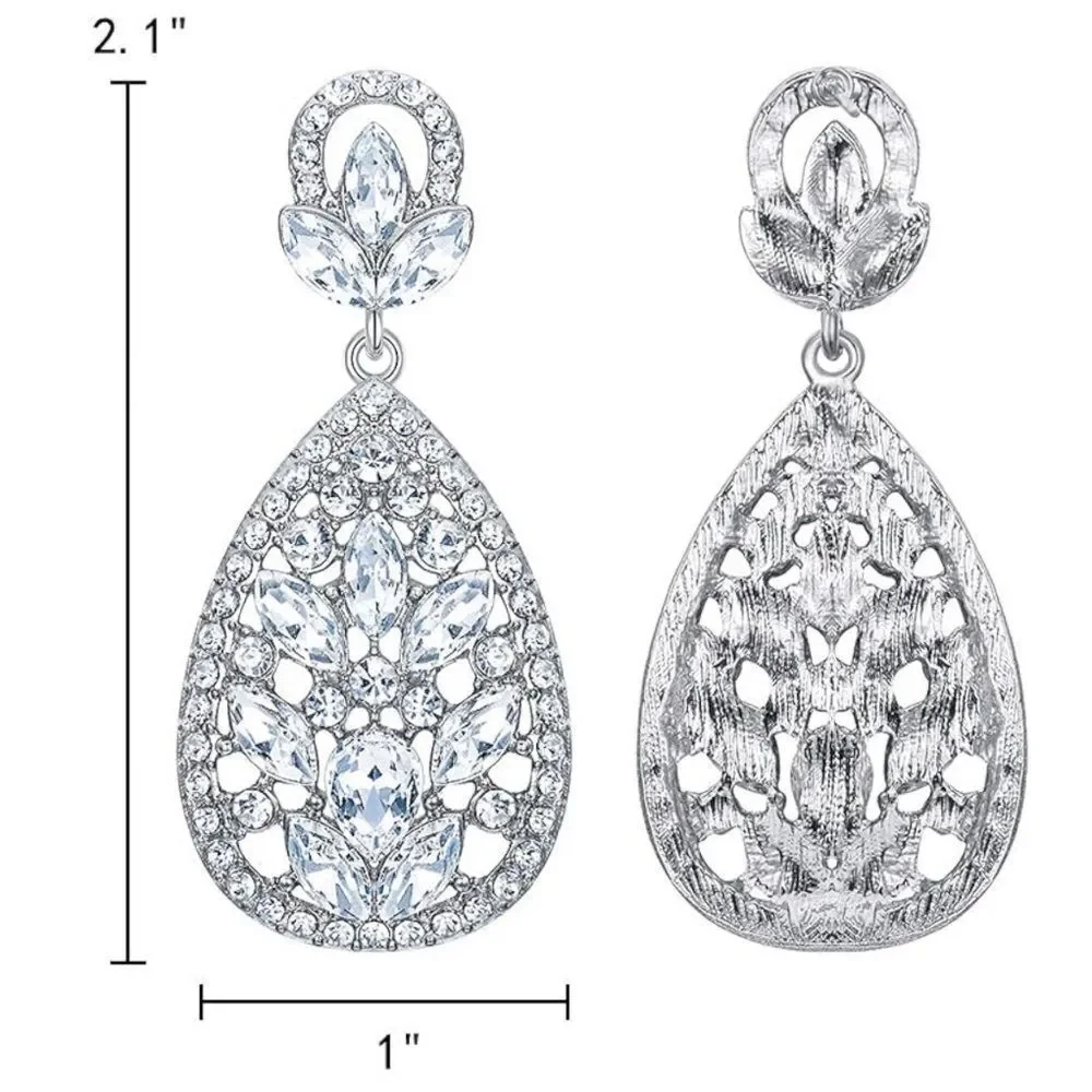 Silver with White Diamond Austrian Crystal Teardrop Chandelier Post Earrings